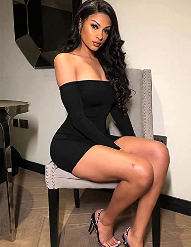 TICBRY Women Long Sleeve Bodycon Sexy Cold Off Shoulder Backless Spring Fitted Form Fitting Gala Clubbing Off-Shoulder Club Party Wedding Dresses Black