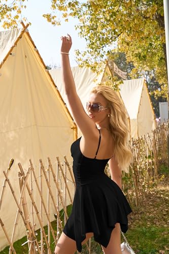 Memoriesea Women's Sexy V Neck Sleeveless Spaghetti Strap Mini Club Party Slip Dress Black