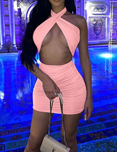 Women's Sexy Ruched Bodycon Halter Criss Cross Cut Out Backless Mini Club Party Dresses, Small, Pink