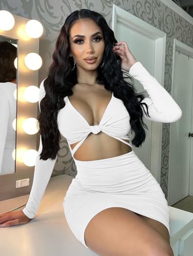 XXTAXN Women's Sexy Bodycon Deep V Neck Long Sleeve Cut Out Club Mini Dress White
