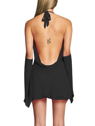 Hilinker Women's Sexy Deep V Neck Long Sleeve Bodycon Dress Sheer Mesh Mini Party Dresses Black Small