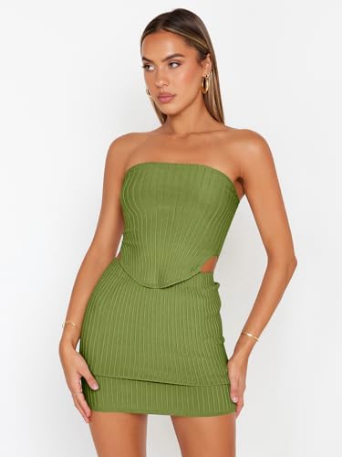 LILLUSORY 2 Piece Outfits for Women Sexy Skirt Matching Sets Short Summer Vacation Two Piece Going Out Comfy Body Con Suit Green