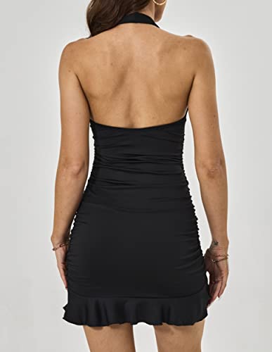XSTSUP Women's Sexy Deep V-Neck Backless Mini Dress Sleeveless Halter Side Ruched Ruffle Party Club Dresses (as1, Alpha, l, Regular, Regular, Black)