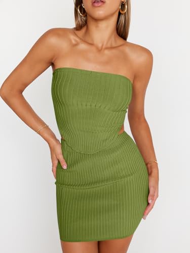 LILLUSORY 2 Piece Outfits for Women Sexy Skirt Matching Sets Short Summer Vacation Two Piece Going Out Comfy Body Con Suit Green