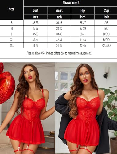 Avidlove Sexy Lingerie for Women Lace Babydoll Sleepwear Boudoir Outfits with Garter Belt Red Medium