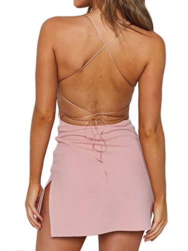 Sarwoldey Women Sexy Dresses Backless Bodycon Party Mini Dress (S, Pink)
