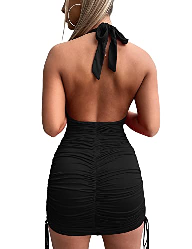 HOCILLE Women's Sexy Halter Bodycon V Neck Backless Ruched Drawstring Mini Club Party Dresses, Large, Black