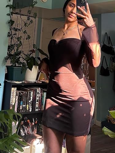 Sexy Dress for Women Party Club Night, Puff Long Sleeve Mesh Club Mini Bodycon Dresses Halter Neck Outfits Brown S