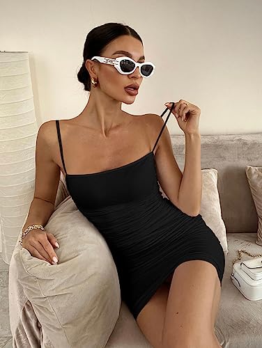 BEAGIMEG Women's Sexy Spaghetti Strap Bodycon Ruched Club Mini Party Dress Black