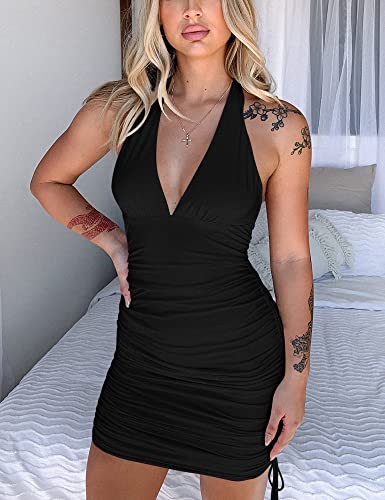 HOCILLE Women's Sexy Halter Bodycon V Neck Backless Ruched Drawstring Mini Club Party Dresses, Large, Black