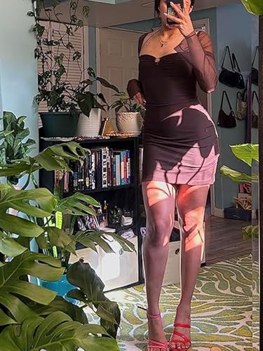 Sexy Dress for Women Party Club Night, Puff Long Sleeve Mesh Club Mini Bodycon Dresses Halter Neck Outfits Brown S