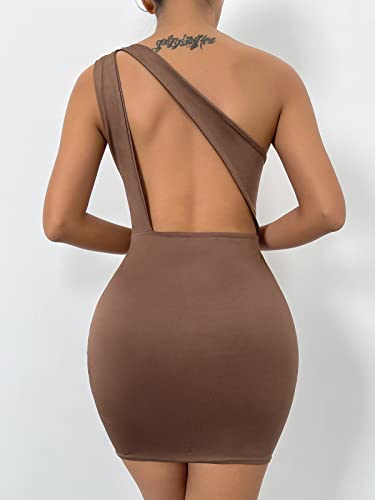 Hilinker Women's Sexy One Shoulder Cut Out Split Bodycon Mini Dress Ruched Club Party Short Dresses Brown Small