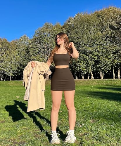 OQQ Women's 2 Piece Outfits Short Sleeve Tops and Mini Skirts Club Suit Sets Darkbrown