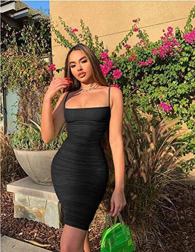 BEAGIMEG Women's Sexy Spaghetti Strap Bodycon Ruched Club Mini Party Dress Black