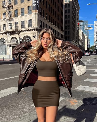 OQQ Women's 2 Piece Outfits Short Sleeve Tops and Mini Skirts Club Suit Sets Darkbrown