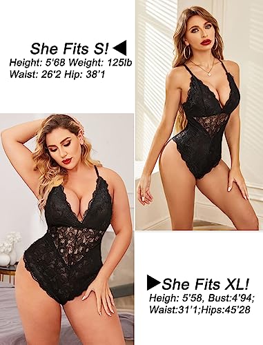 Avidlove Women Snap Crotch Lingerie Sexy Lace Bodysuit Deep V Teddy One Piece Lace Babydoll Teddy