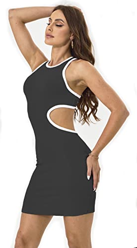 NauLon Womens Sexy Cut Out Waist Open Back Bodycon Dress Ribbed Party Club Mini Dresses (S, Mini-Black)