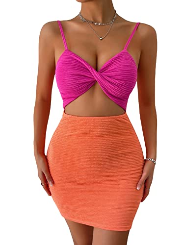 SOLY HUX Women's Cut Out Spaghetti Strap Sleeveless Ruched Slim Fit Bodycon Mini Dress Pink and Orange M