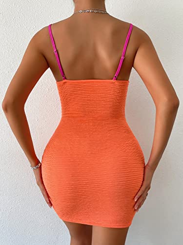 SOLY HUX Women's Cut Out Spaghetti Strap Sleeveless Ruched Slim Fit Bodycon Mini Dress Pink and Orange M