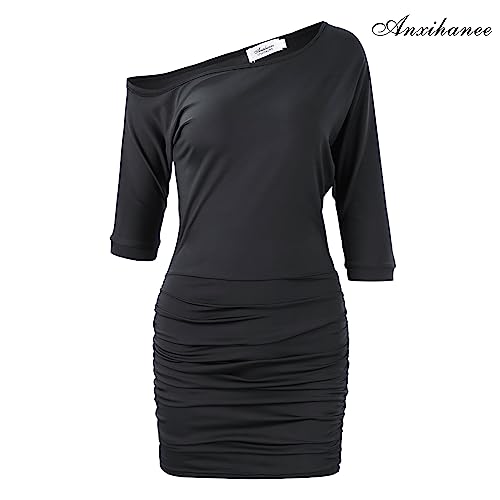 Anxihanee Women's Sexy Off The Shoulder Slope Neck Short Sleeve Ruched Bodycon Mini Club Dress (XXL, Black)