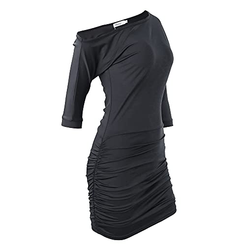 Anxihanee Women's Sexy Off The Shoulder Slope Neck Short Sleeve Ruched Bodycon Mini Club Dress (XXL, Black)