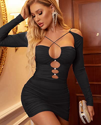 Colysmo Women’s Sexy Hollow Out Bodycon Dress Ruched Mesh Mini Dresses for Club Night Out A Black