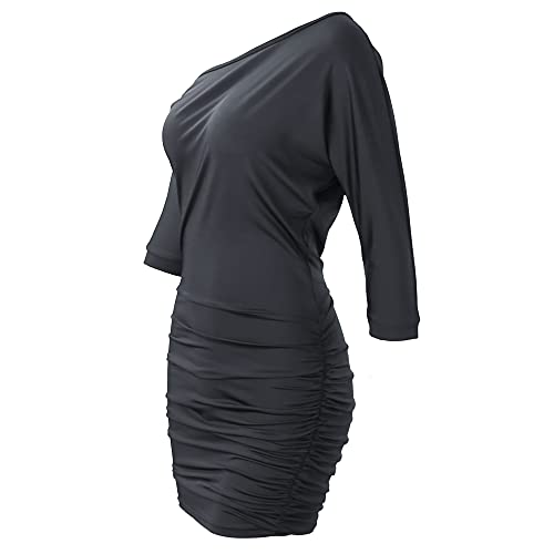 Anxihanee Women's Sexy Off The Shoulder Slope Neck Short Sleeve Ruched Bodycon Mini Club Dress (XXL, Black)