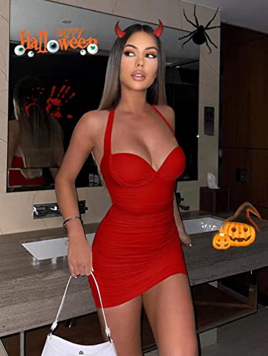 ZileZile Women's Sexy Sleeveless Halter Dress Bodycon Ruched V Neck Party Club Mini Dress Red