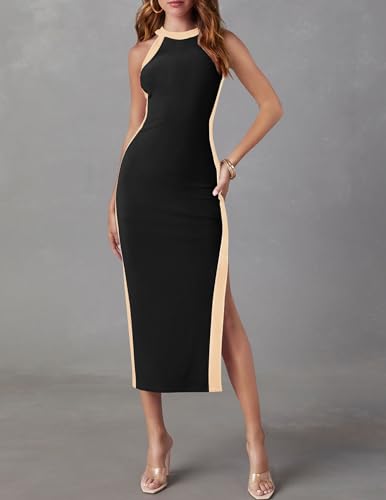 ZESICA Women's Summer Bodycon Midi Dress Crew Neck Sleeveless Side Slit Slim Sexy Knit Tank Dresses,Black,Medium