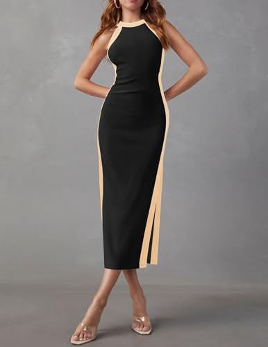 ZESICA Women's Summer Bodycon Midi Dress Crew Neck Sleeveless Side Slit Slim Sexy Knit Tank Dresses,Black,Medium