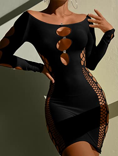 ZileZile Women's Sexy Off Shoulder Rhinestone Mesh Bodycon Dress Hollow Out Club Mini Dress Black