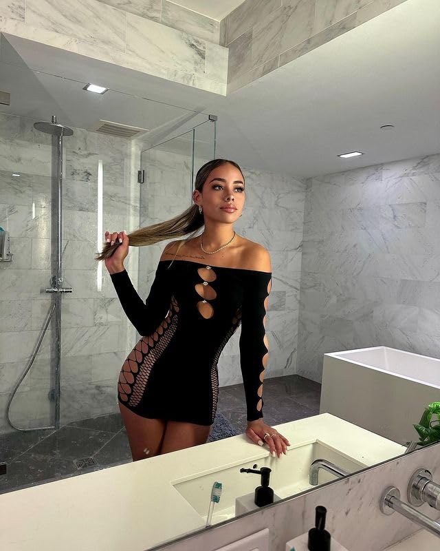 ZileZile Women's Sexy Off Shoulder Rhinestone Mesh Bodycon Dress Hollow Out Club Mini Dress Black