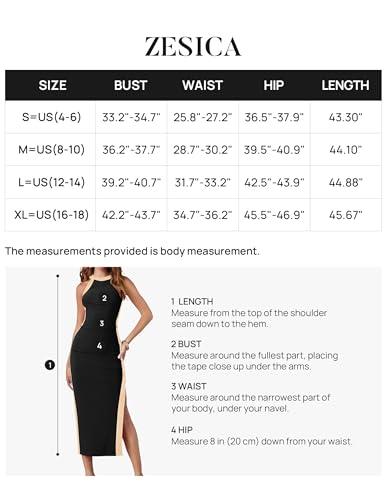 ZESICA Women's Summer Bodycon Midi Dress Crew Neck Sleeveless Side Slit Slim Sexy Knit Tank Dresses,Black,Medium