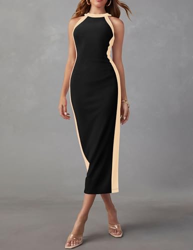 ZESICA Women's Summer Bodycon Midi Dress Crew Neck Sleeveless Side Slit Slim Sexy Knit Tank Dresses,Black,Medium