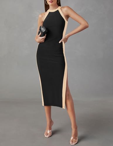 ZESICA Women's Summer Bodycon Midi Dress Crew Neck Sleeveless Side Slit Slim Sexy Knit Tank Dresses,Black,Medium