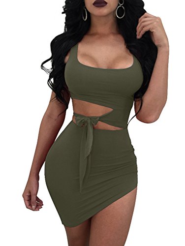 GOBLES Womens Sexy Bodycon Cut Out Sleeveless Outfit Mini Club Tank Dress Olive