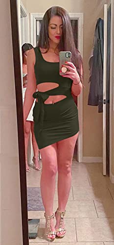 GOBLES Womens Sexy Bodycon Cut Out Sleeveless Outfit Mini Club Tank Dress Olive