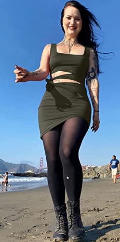 GOBLES Womens Sexy Bodycon Cut Out Sleeveless Outfit Mini Club Tank Dress Olive