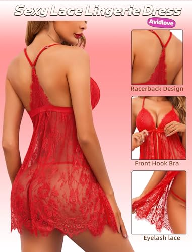 Avidlove Valentines Lingerie for Women Sexy Babydoll Lingerie Open Front Chemise Lingerie(Red,L)