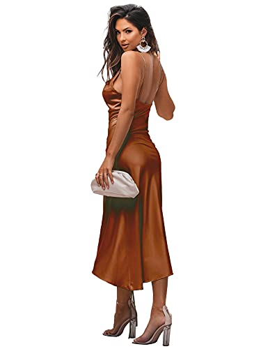 LYANER Women's Satin Spaghetti Straps Cowl Neck Sexy Ruch Cocktail Midi Dresses Brown Medium