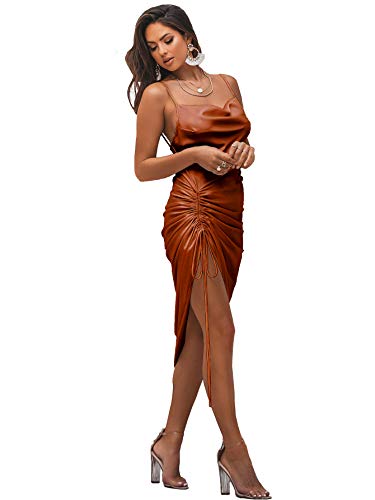 LYANER Women's Satin Spaghetti Straps Cowl Neck Sexy Ruch Cocktail Midi Dresses Brown Medium