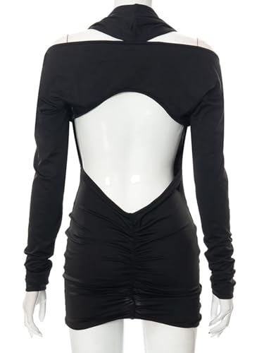 Hilinker Women's Sexy Deep V Neck Bodycon Dress Long Sleeve Ruched Cut Out Mini Party Dresses Black Medium