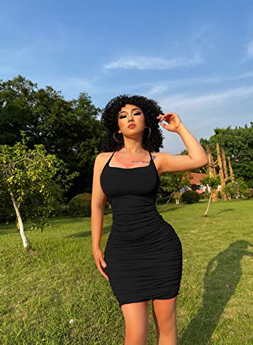 DAAWENXI Women's Sexy Backless Spaghetti Strap Sleeveless Ruched Bodycon Mini Club Dress Black