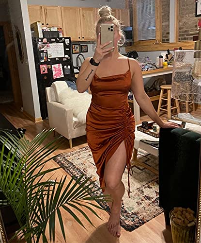 LYANER Women's Satin Spaghetti Straps Cowl Neck Sexy Ruch Cocktail Midi Dresses Brown Medium