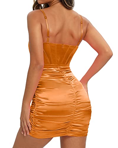LINJOU Womens Satin Sweetheart Neckline Wrap Bodycon Backless Corset Dress Club Party Sexy Mini Dress Brown