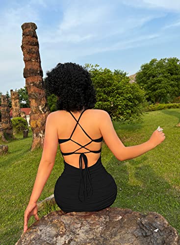 DAAWENXI Women's Sexy Backless Spaghetti Strap Sleeveless Ruched Bodycon Mini Club Dress Black