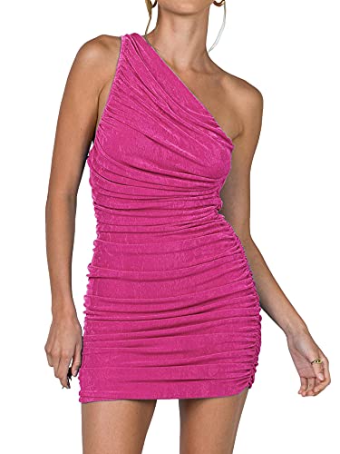 LYANER Women's Sexy One Shoulder Ruched Sleeveless Bodycon Mini Short Dress Rose X-Small