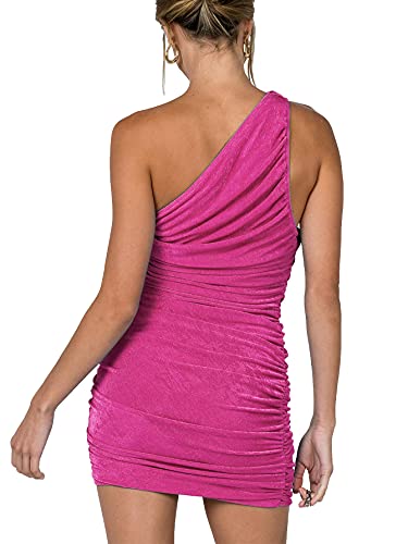 LYANER Women's Sexy One Shoulder Ruched Sleeveless Bodycon Mini Short Dress Rose X-Small