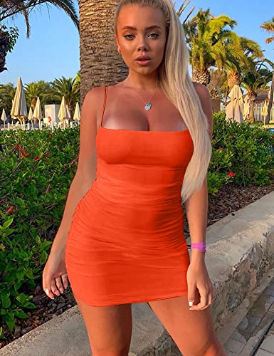 Mizoci Women's Sexy Sleeveless Ruched Spaghetti Strap Bodycon Mini Club Party Dress,Small,Orange