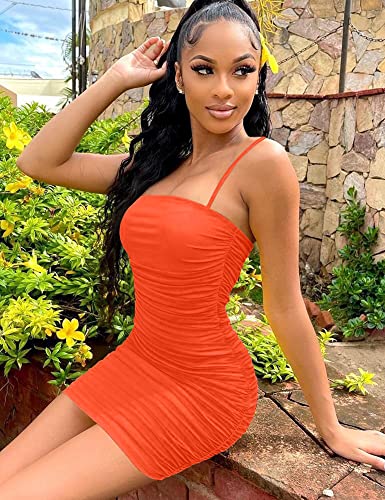 Mizoci Women's Sexy Sleeveless Ruched Spaghetti Strap Bodycon Mini Club Party Dress,Small,Orange